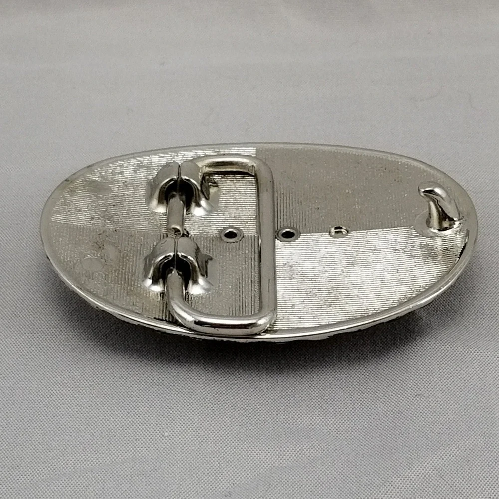 Western Belt Buckle Oval Scything Agate Stone Silver Tone Cowboy USA‎ Made